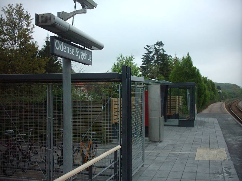 Odense Sygehus Station, a train station on the railway between Odense and Svendborg, Denmark.