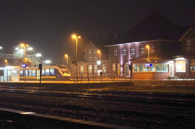 Train Station Bramsche with train by night, Germany