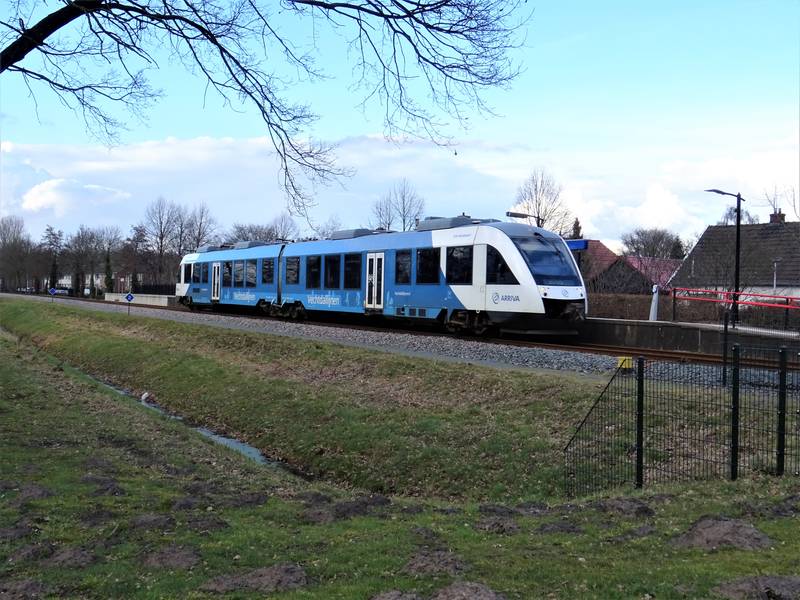 Station Daarlerveen met een net gearriveerde Trein van het type LINT.