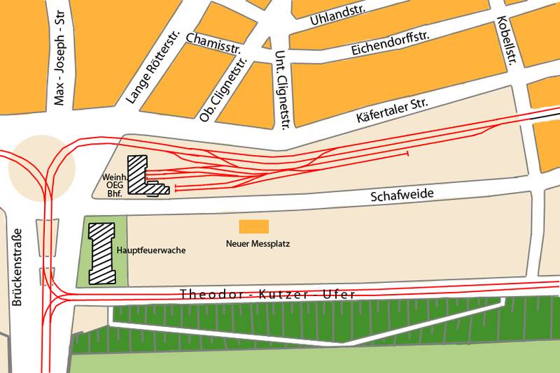 Lageplan des OEG Bahnhofs Weinheim am alten Messplatz