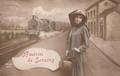 CPA BELGIQUE SERAING Souvenir Fantaisie Femme Quai de Gare Train 1914