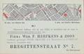 711252, Achterzijde van een briefkaart met het verhuisbericht van de Wed. F. Herfkens en Zoon, Fabriek van Boekbinders-Machines en Gereedschappen, van de Oudegracht bij de Weesbrug, naar de Bregittenstraat no. 7 te Utrecht. Op een plattegrond de route van het Centraal Station naar het nieuwe adres.