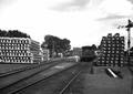 163947, Afbeelding van de opslag van betonnen bovenleidingsmasten type SP voor de electrificatie van de spoorlijn Amersfoort - Zwolle op de los- en laadplaats van het N.S.-station Harderwijk te Harderwijk., Hessels, L. (Nederlandse Spoorwegen), fotograaf