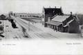 11895, Gezicht op het station van de H.IJ.S.M. (Hollandsche IJzeren Spoorweg-Maatschappij) te Rhenen, met links op de achtergrond de spoorbrug over de Rijn.